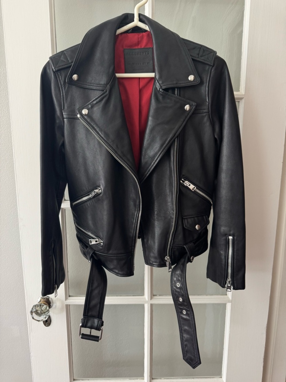 AllSaints Black Leather Biker Jacket with Silver Hardware and Red Lining